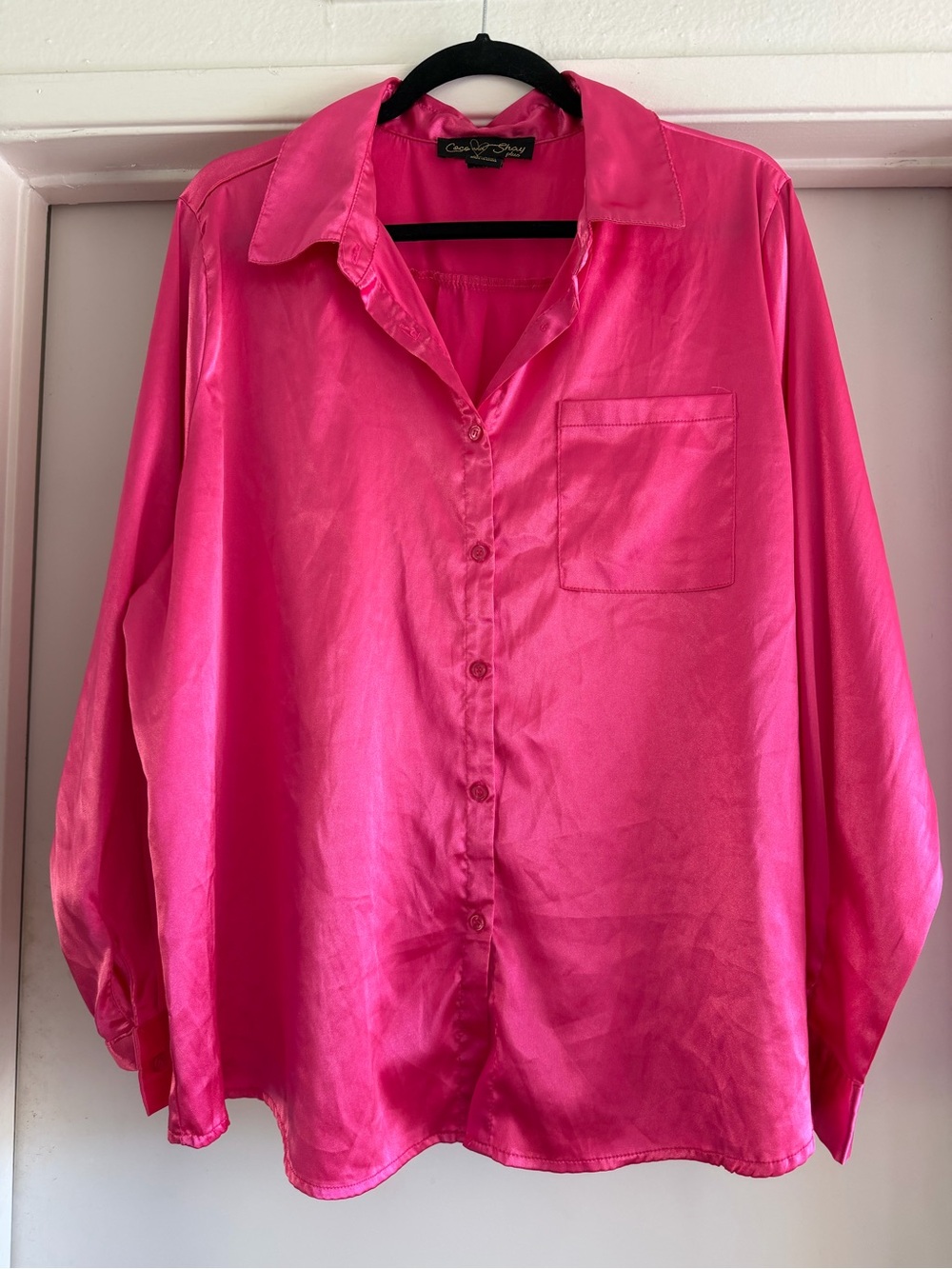 Hot Pink Satin Button-Down Shirt